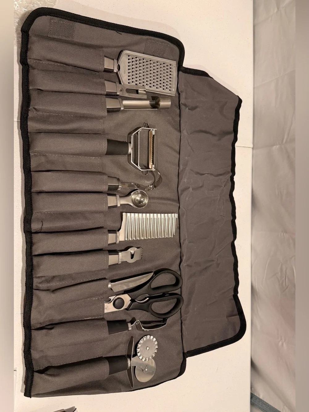 Wolfgang Puck 12 pc Bistro Kitchen Prep Set Gray Black Roll Up Case Chef Grade